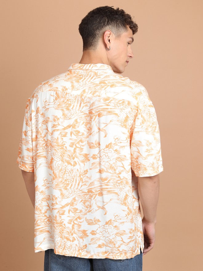 Highlander Men Orange Printed Slim Fit Casual Shirt - Orange - Image 3