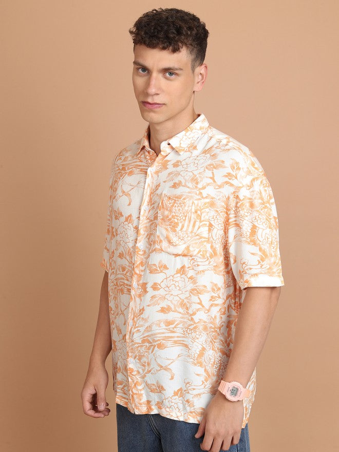 Highlander Men Orange Printed Slim Fit Casual Shirt - Orange - Image 4