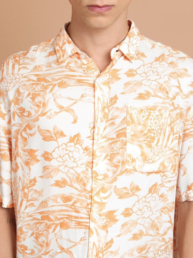Highlander Men Orange Printed Slim Fit Casual Shirt - Orange - Image 5