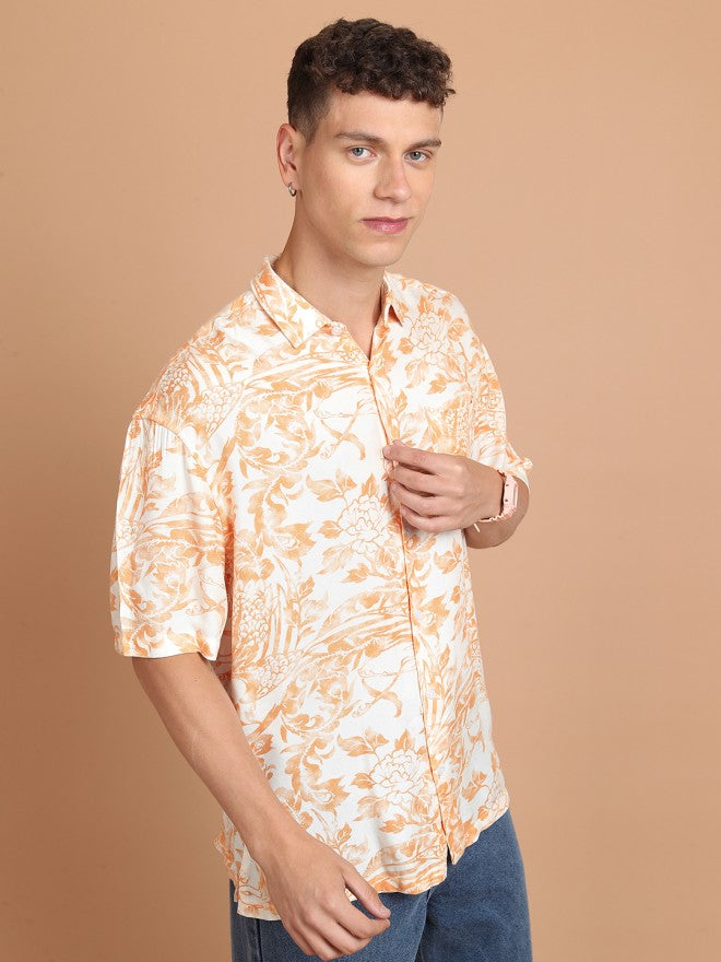 Highlander Men Orange Printed Slim Fit Casual Shirt - Orange - Image 6