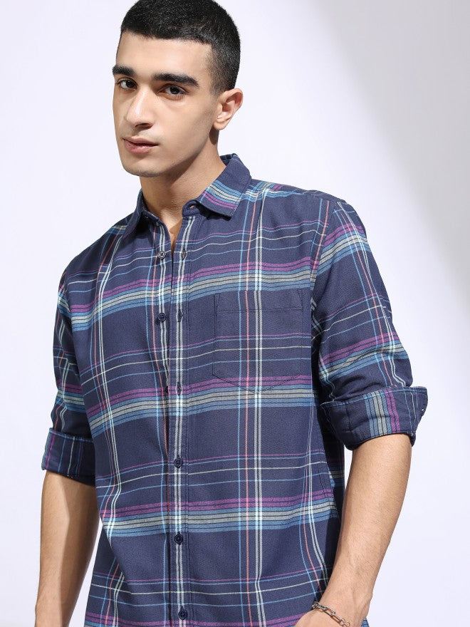 Highlander Men Blue Checked Regular Fit Casual Shirt - Blue - Image 1