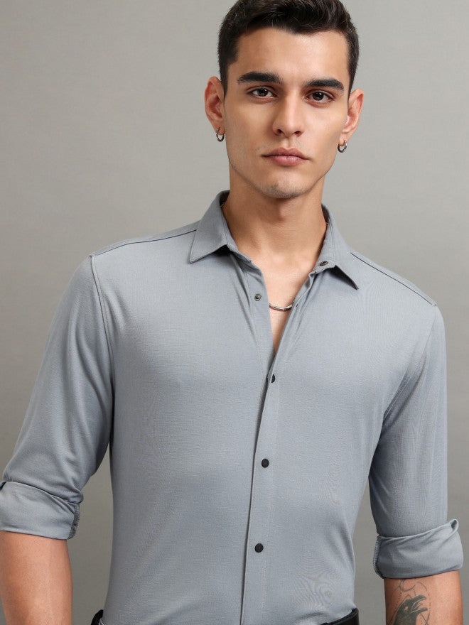 Highlander Men Grey Solid Slim Fit Casual Shirt - Grey - Image 1