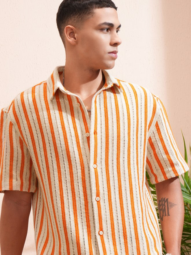 Highlander Men Beige Striped Relaxed Fit Casual Shirt - Beige - Image 1