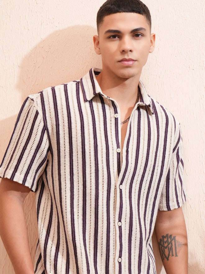 Highlander Men Beige Striped Relaxed Fit Casual Shirt - Beige - Image 1