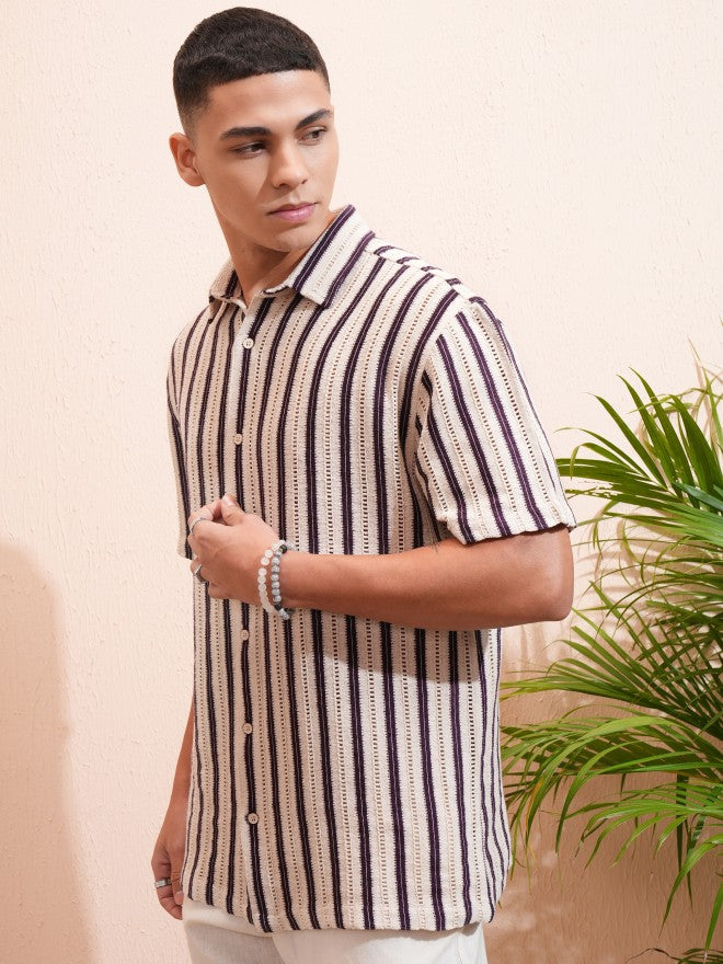 Highlander Men Beige Striped Relaxed Fit Casual Shirt - Beige - Image 4