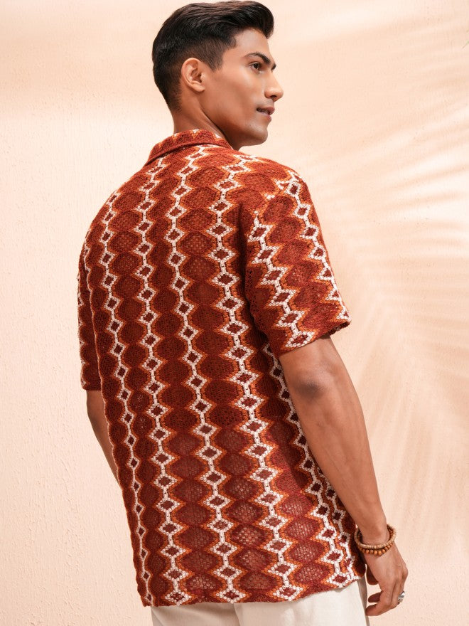 Highlander Men Rust Self Design Relaxed Fit Casual Shirt - Rust - Image 3