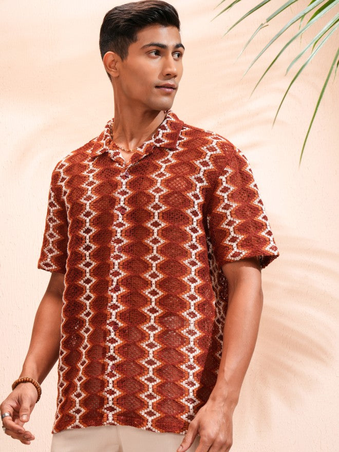 Highlander Men Rust Self Design Relaxed Fit Casual Shirt - Rust - Image 4