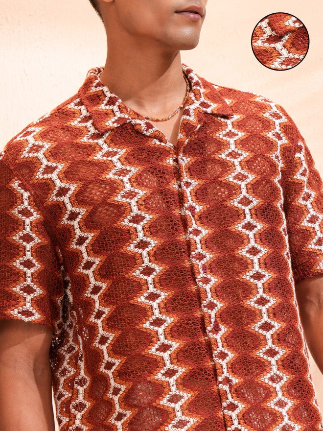 Highlander Men Rust Self Design Relaxed Fit Casual Shirt - Rust - Image 5