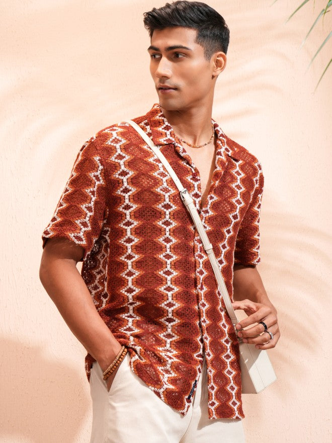 Highlander Men Rust Self Design Relaxed Fit Casual Shirt - Rust - Image 6