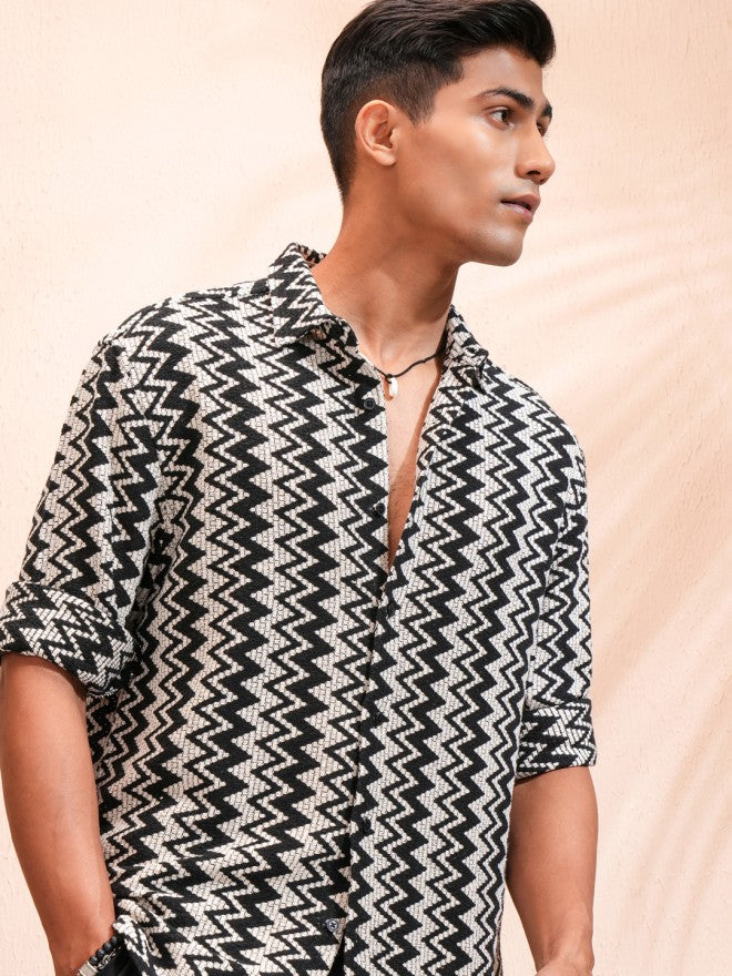 Highlander Men Black Self Design Relaxed Fit Casual Shirt - Black - Image 1