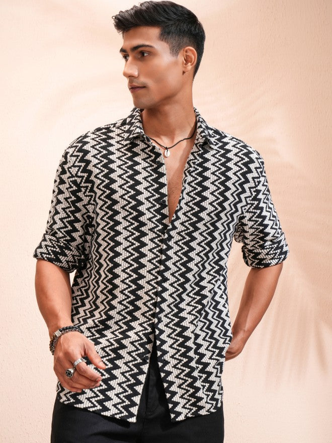 Highlander Men Black Self Design Relaxed Fit Casual Shirt - Black - Image 6
