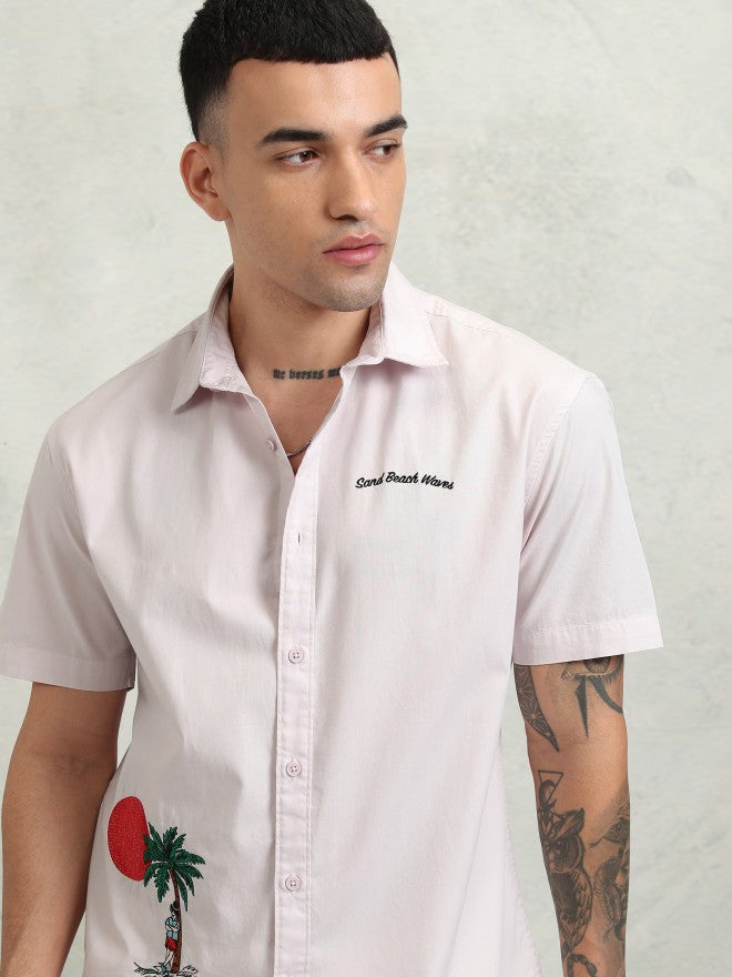 Highlander Men Pink Embroidery Relaxed Fit Casual Shirt - Pink - Image 1