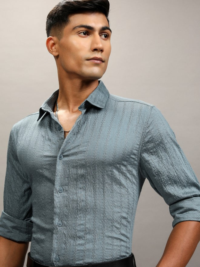Highlander Men Teal Textured Slim Fit Casual Shirt - Teal - Image 1