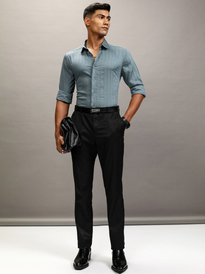 Highlander Men Teal Textured Slim Fit Casual Shirt - Teal - Image 2