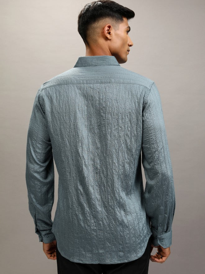 Highlander Men Teal Textured Slim Fit Casual Shirt - Teal - Image 3