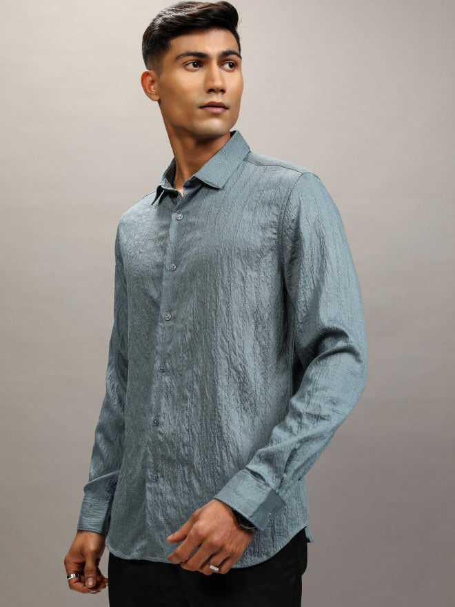 Highlander Men Teal Textured Slim Fit Casual Shirt - Teal - Image 4