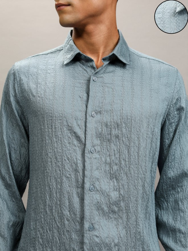 Highlander Men Teal Textured Slim Fit Casual Shirt - Teal - Image 5