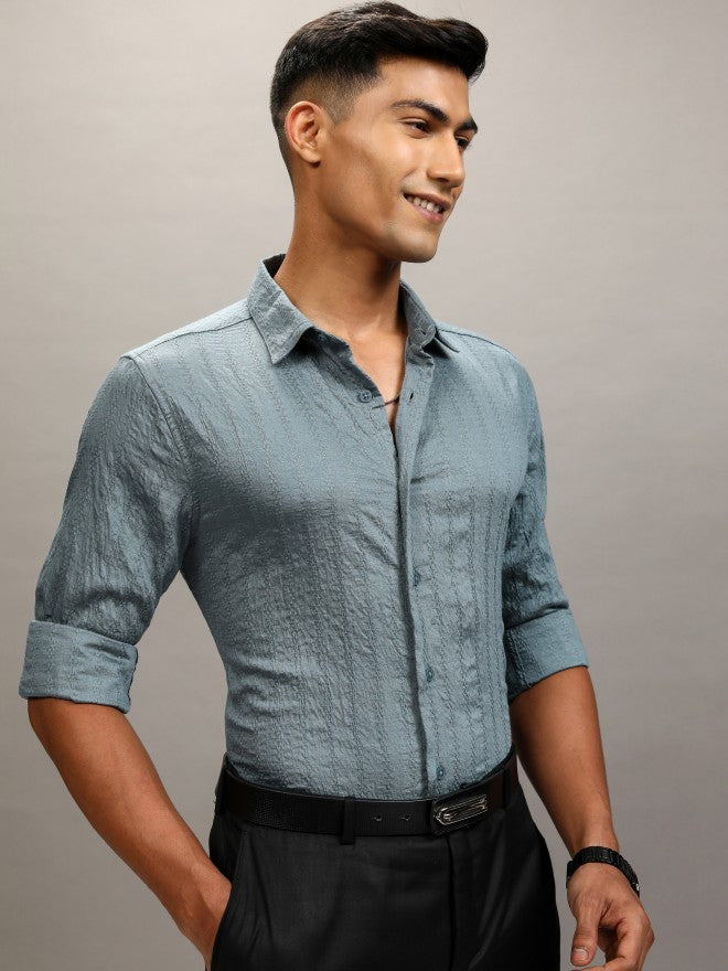 Highlander Men Teal Textured Slim Fit Casual Shirt - Teal - Image 6