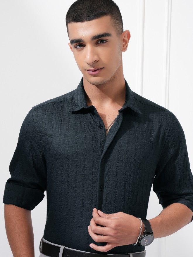 Highlander Men Blue Textured Slim Fit Casual Shirt - Blue - Image 1