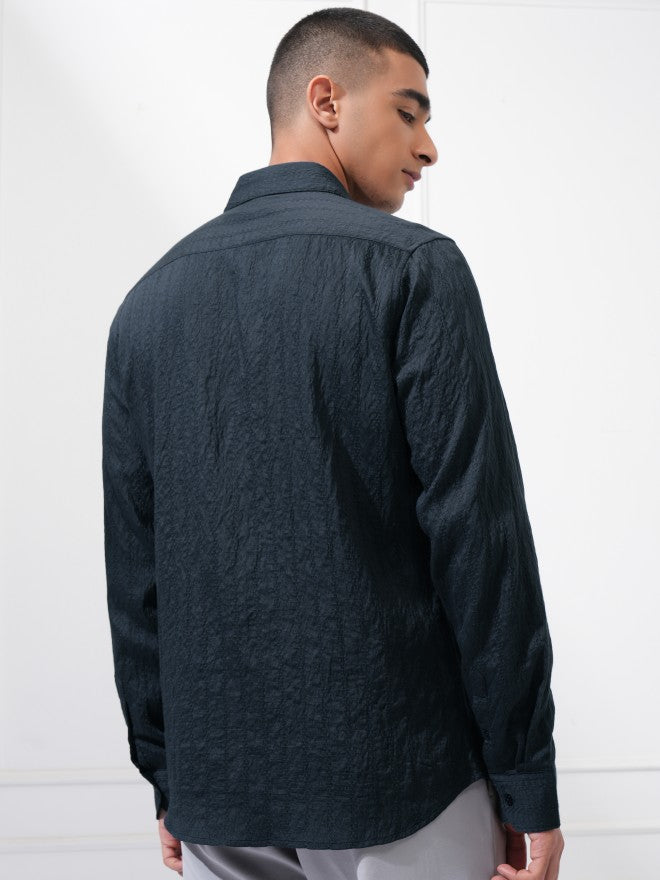 Highlander Men Blue Textured Slim Fit Casual Shirt - Blue - Image 3