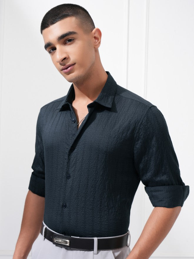 Highlander Men Blue Textured Slim Fit Casual Shirt - Blue - Image 4