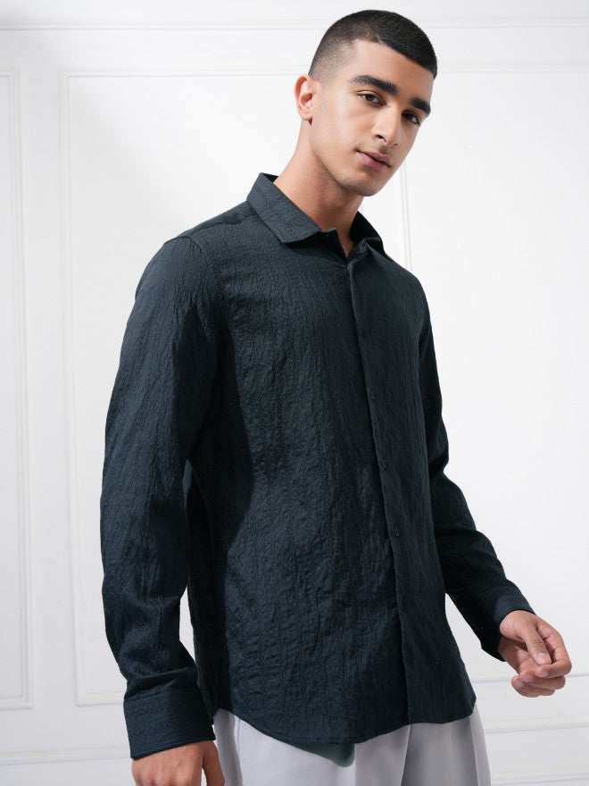 Highlander Men Blue Textured Slim Fit Casual Shirt - Blue - Image 6
