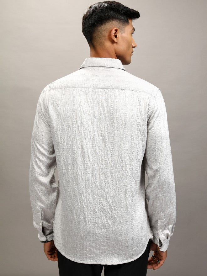 Highlander Men Grey Textured Slim Fit Casual Shirt - Grey - Image 3