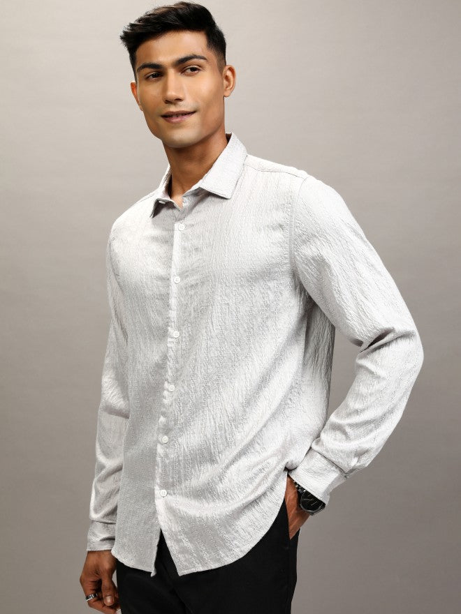 Highlander Men Grey Textured Slim Fit Casual Shirt - Grey - Image 4
