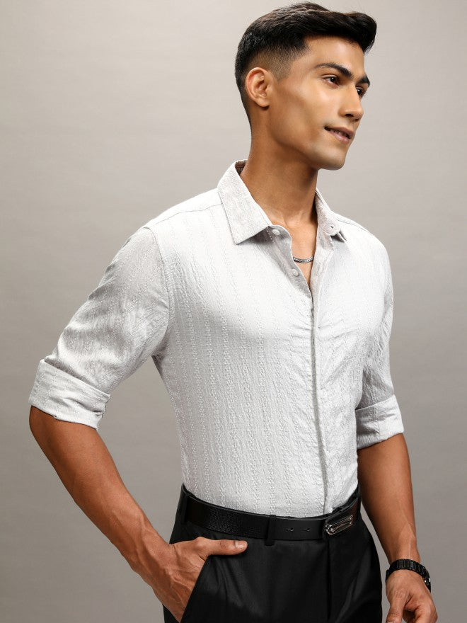 Highlander Men Grey Textured Slim Fit Casual Shirt - Grey - Image 6