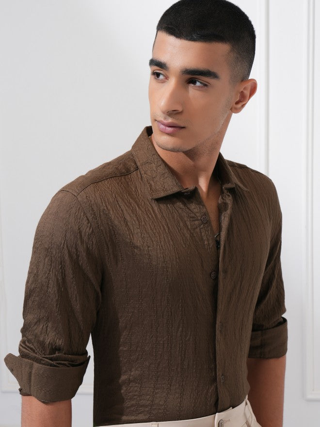 Highlander Men Brown Textured Slim Fit Casual Shirt - Brown - Image 1