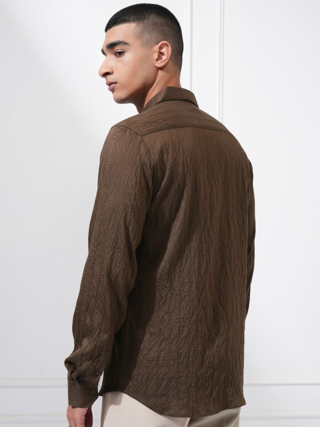 Highlander Men Brown Textured Slim Fit Casual Shirt - Brown - Image 3