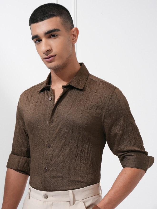 Highlander Men Brown Textured Slim Fit Casual Shirt - Brown - Image 4