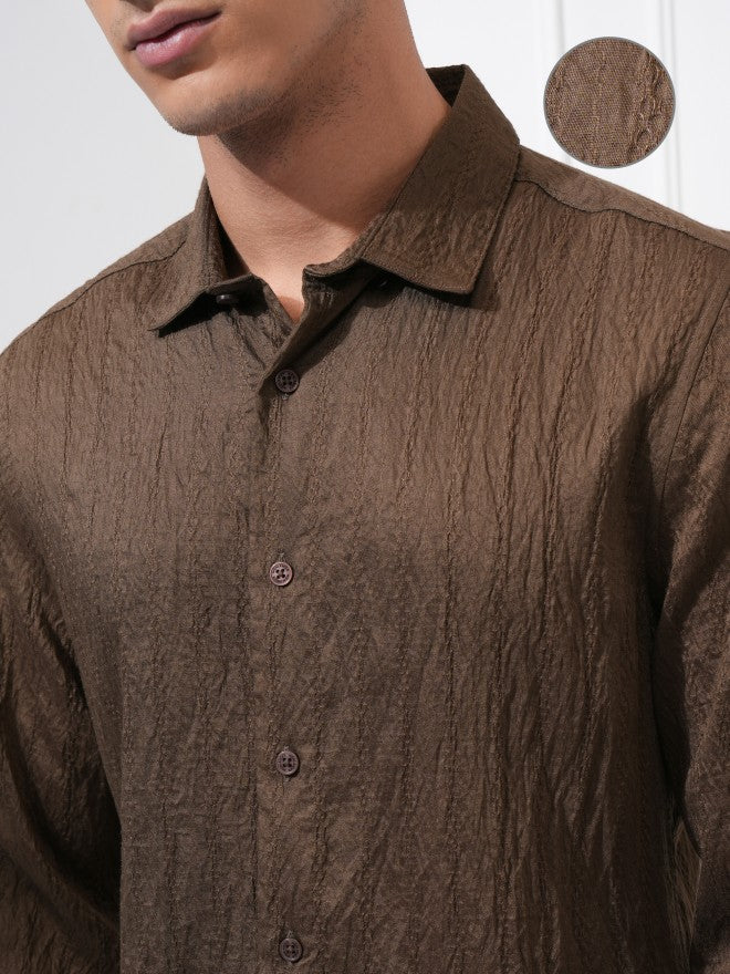 Highlander Men Brown Textured Slim Fit Casual Shirt - Brown - Image 5