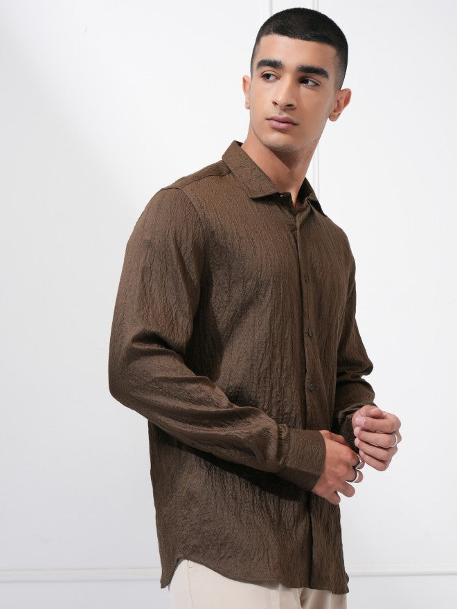 Highlander Men Brown Textured Slim Fit Casual Shirt - Brown - Image 6