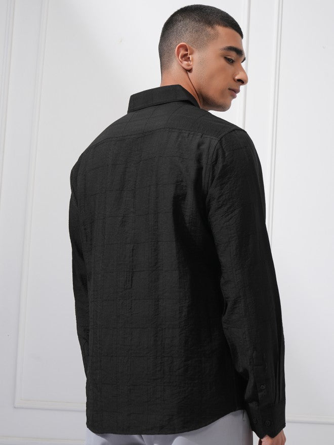 Highlander Men Black Textured Slim Fit Casual Shirt - Black - Image 3