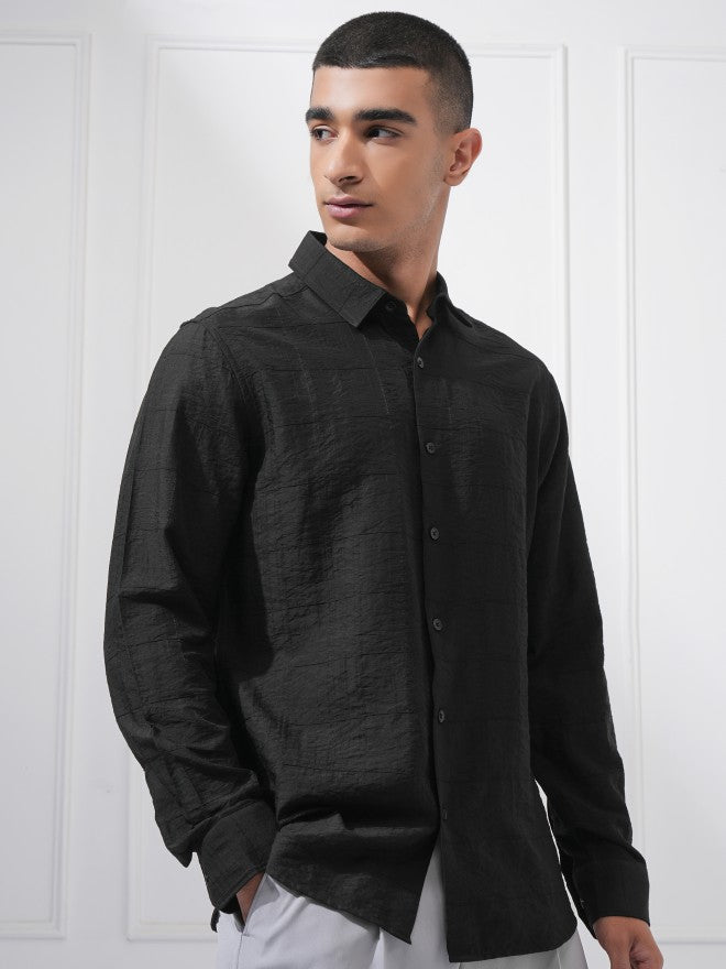 Highlander Men Black Textured Slim Fit Casual Shirt - Black - Image 6