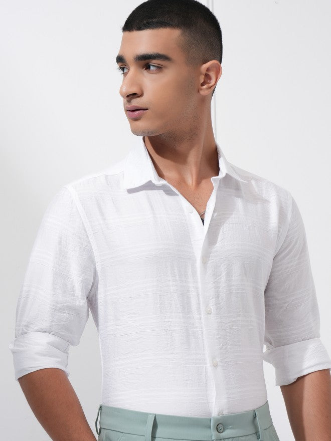 Highlander Men White Textured Slim Fit Casual Shirt - White - Image 1