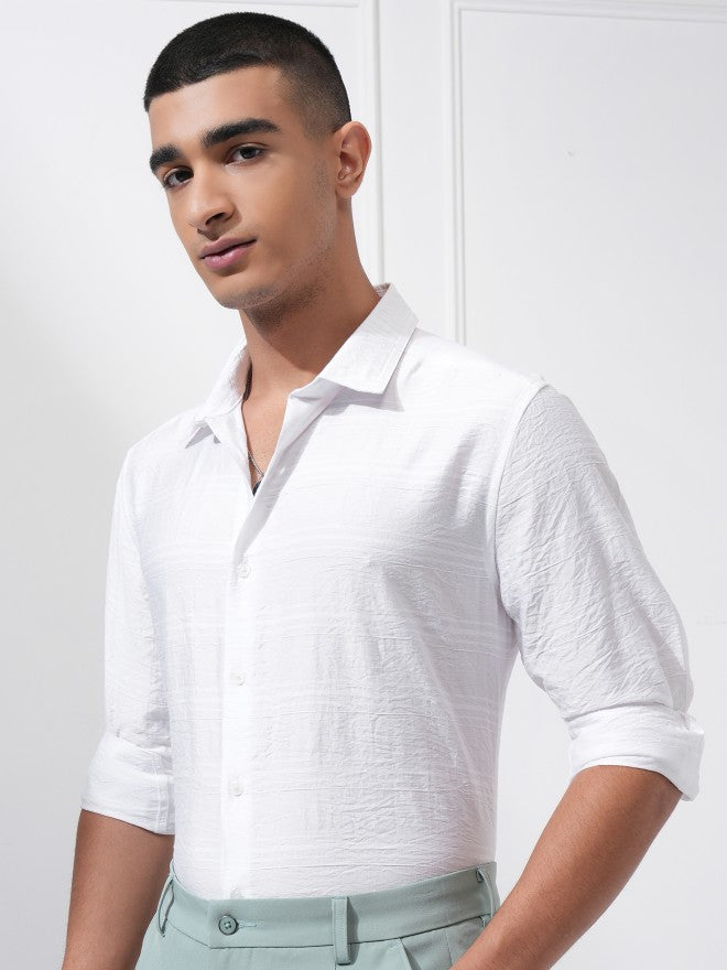 Highlander Men White Textured Slim Fit Casual Shirt - White - Image 4