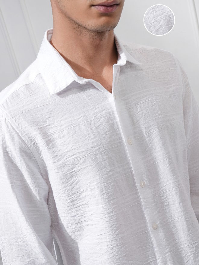 Highlander Men White Textured Slim Fit Casual Shirt - White - Image 5