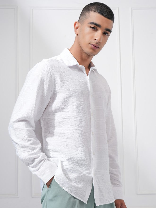 Highlander Men White Textured Slim Fit Casual Shirt - White - Image 6