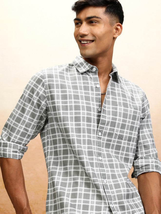 Highlander Men Grey Checked Regular Fit Casual Shirt - Grey - Image 1
