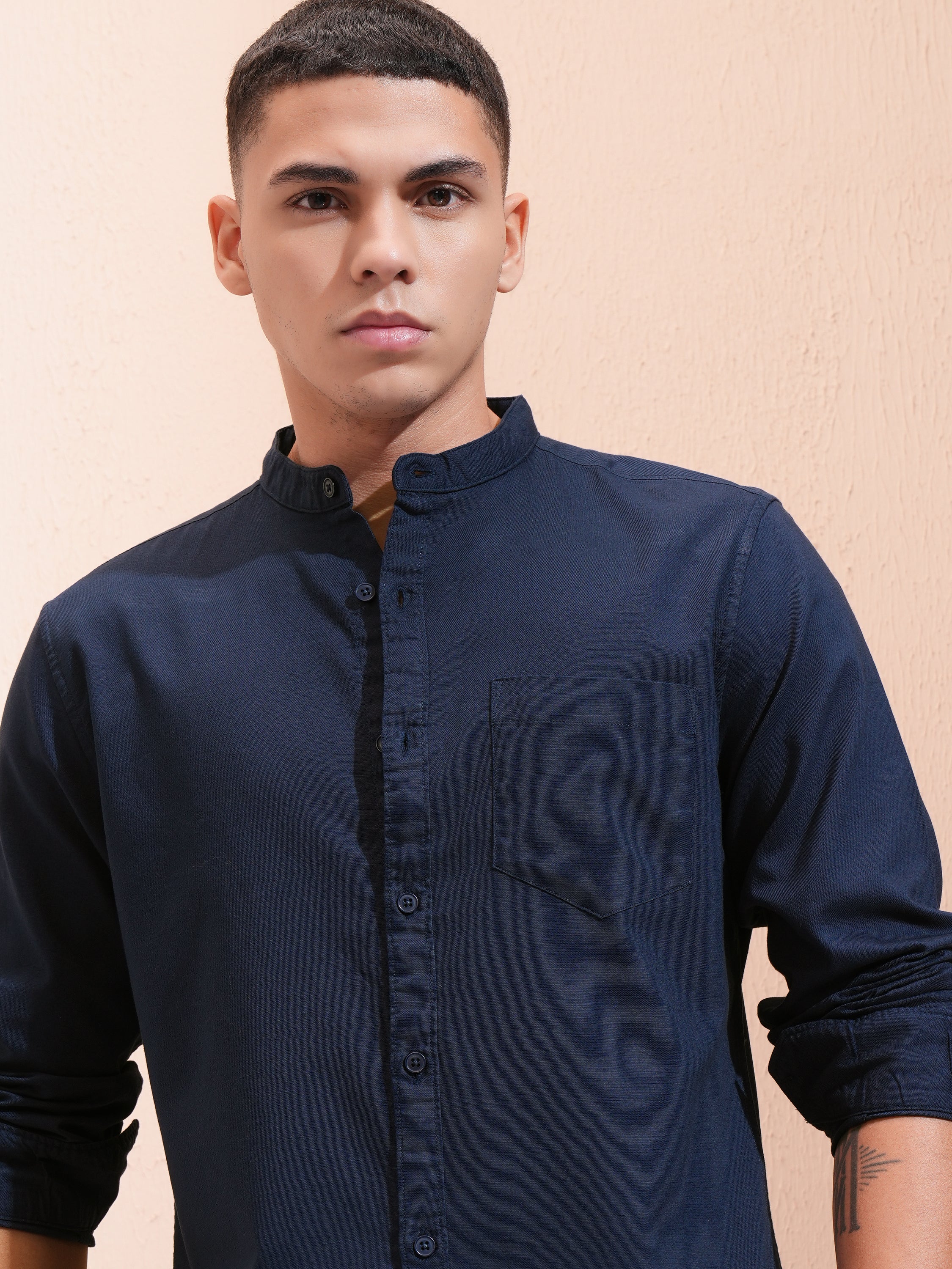 Highlander Men Navy Blue Solid Regular Fit Casual Shirt - Navy Blue - Image 1
