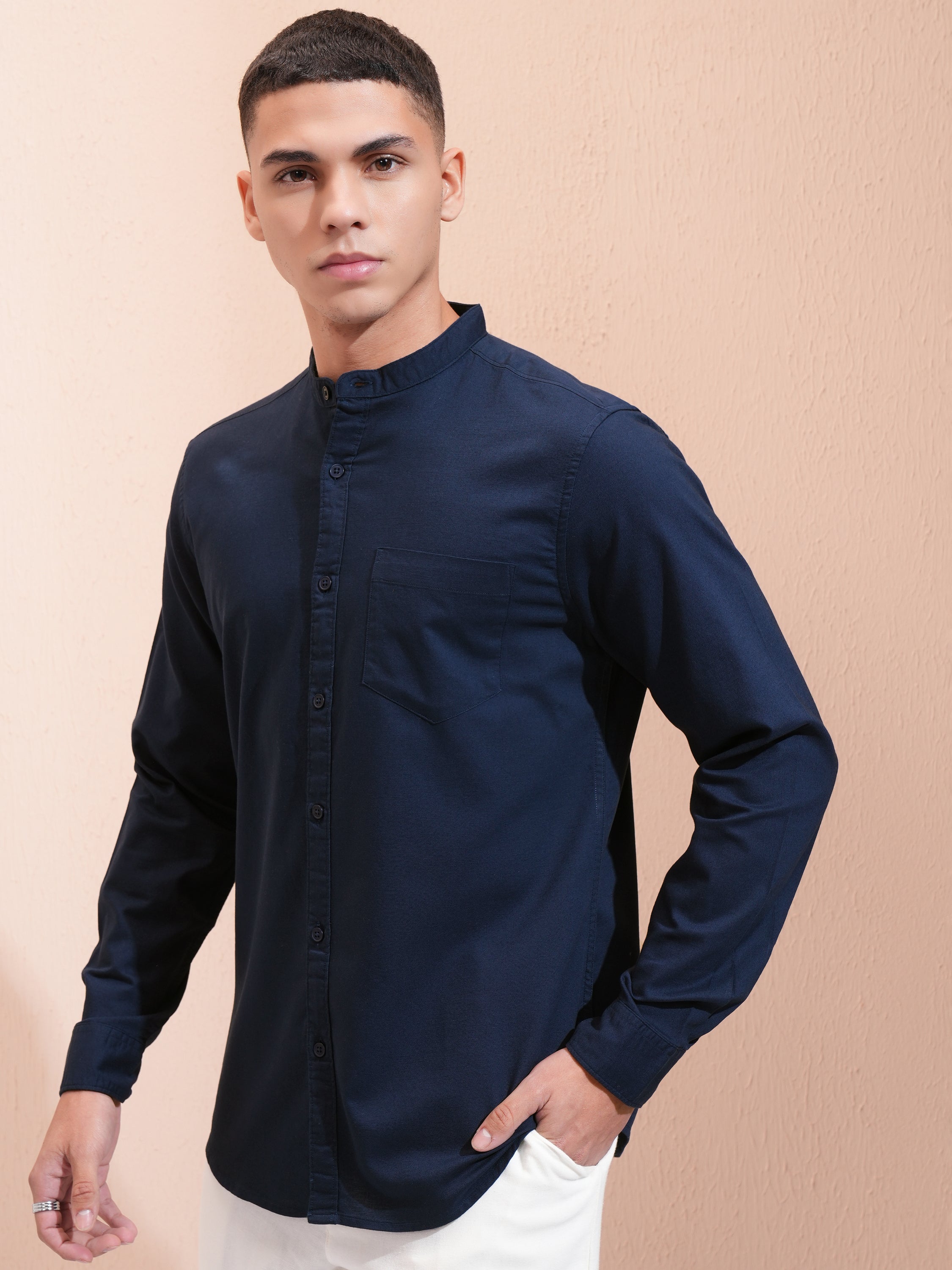 Highlander Men Navy Blue Solid Regular Fit Casual Shirt - Navy Blue - Image 4
