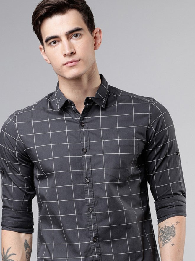 Highlander Men Grey Checked Slim Fit Casual Shirt - Grey - Image 1