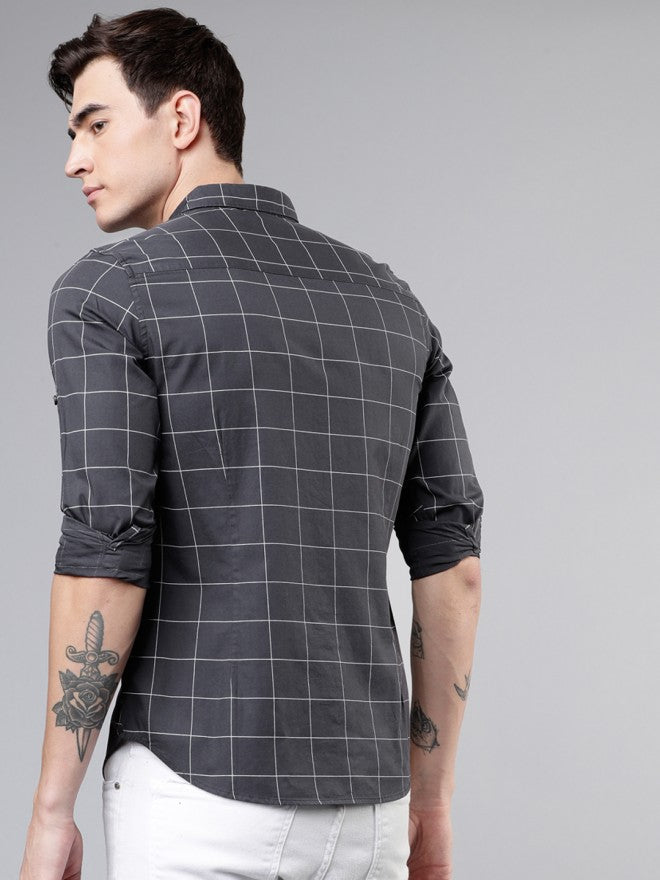 Highlander Men Grey Checked Slim Fit Casual Shirt - Grey - Image 3