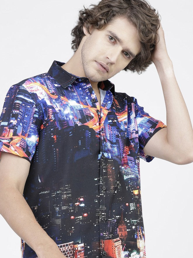 Highlander Men Blue Printed Slim Fit Casual Shirt - Blue - Image 1