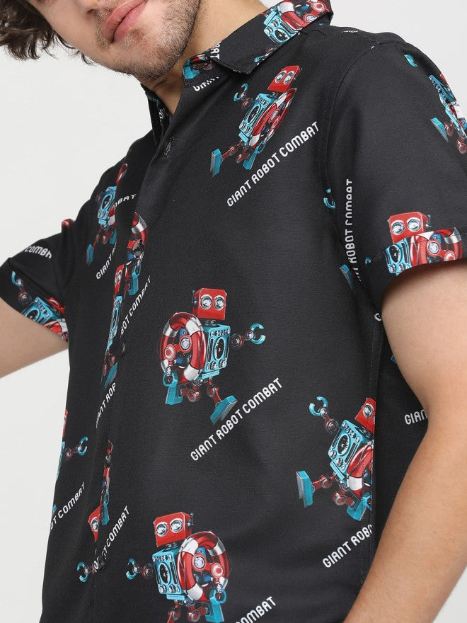 Highlander Men Black Printed Slim Fit Casual Shirt - Black - Image 3