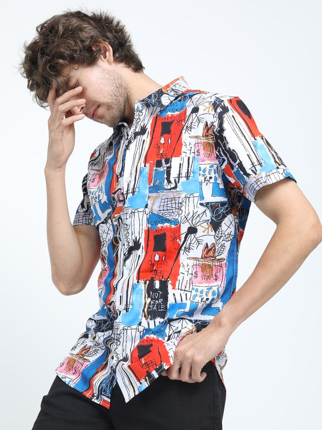 Highlander Men White Printed Slim Fit Casual Shirt - White - Image 3