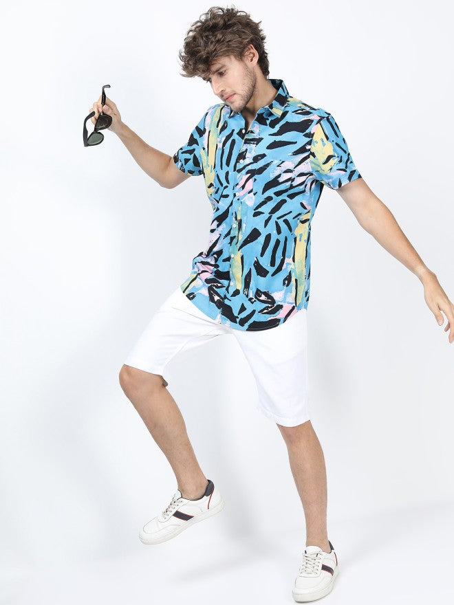 Highlander Men Blue Printed Slim Fit Casual Shirt - Blue - Image 1