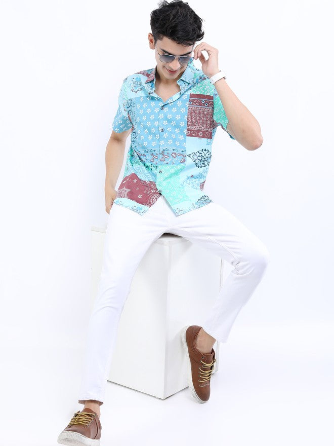 Highlander Men Sea Green Printed Slim Fit Casual Shirt - Green - Image 1